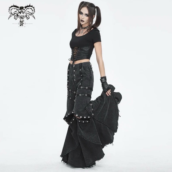 Devil Fashion Designer Punk Black Fishnet Flared Pants - Picture 7 of 7